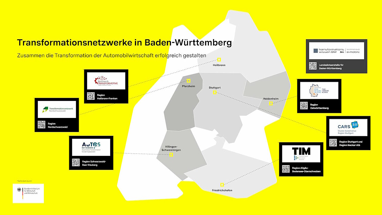 Transformationsnetzwerke in Baden-Württemberg Gelber Hintergrund mit Baden-Württemberg-Shape. Darauf sind Regionen grau schattiert und hervorgehoben. Dazu Logos der jeweiligen Transformationsnetzwerke in den Regionen.