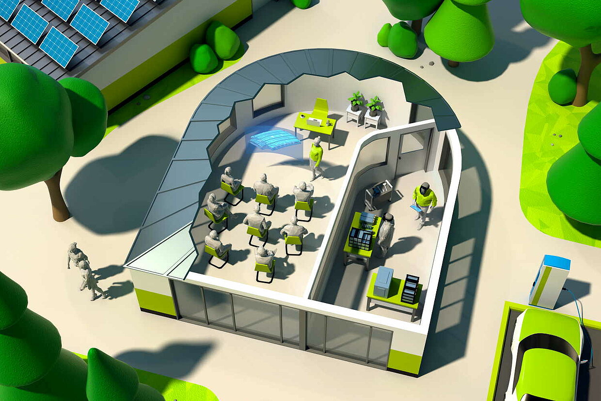 QualiBattBW 3D-Modell eines modernen, offenen Seminargebäudes. Im Inneren befinden sich ein Vortragssaal sowie eine kleine Werkstatt zum Arbeiten an Batterien. Außerhalb des Gebäudes gibt es grüne Flächen mit Bäumen und Gehwegen. Auf der linken Seite des Bildes sind Solarpaneele auf einer Fläche neben dem Gebäude installiert.