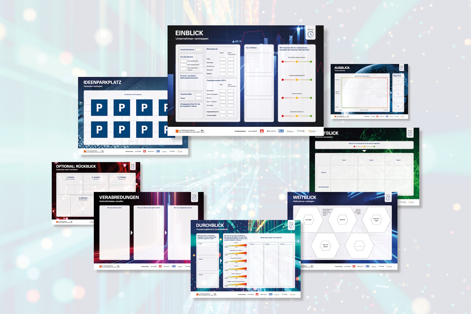 8 Poster, die in einem Kreis angeordnet sind. 